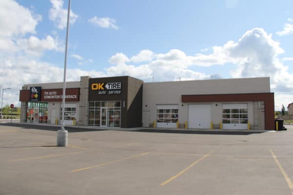 Commercial stucco and stone work at OK Tire in 2020
